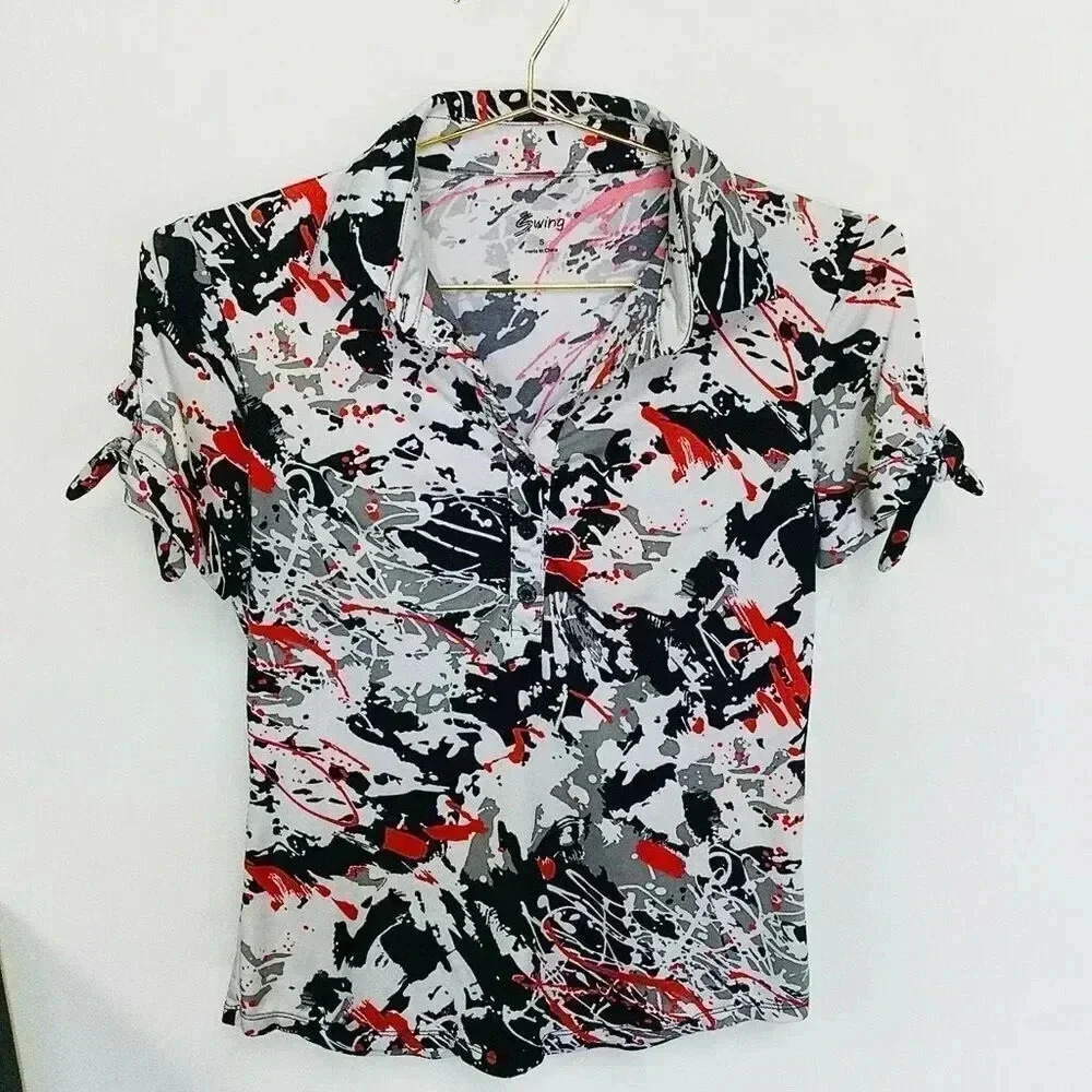 Vintage Swing Women's Multi-Color‎ Abstract Print Short Tie Sleeve Blouse Small